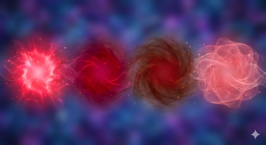 Different shades of red aura colors from bright crimson to dark murky red showing their different spiritual meanings