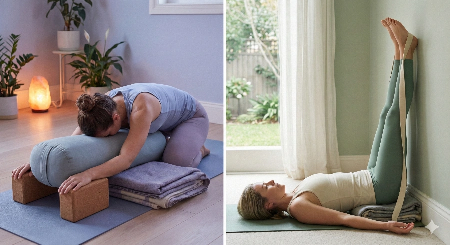Person demonstrating supported child's pose with bolster and legs up the wall restorative yoga poses for nervous system regulation