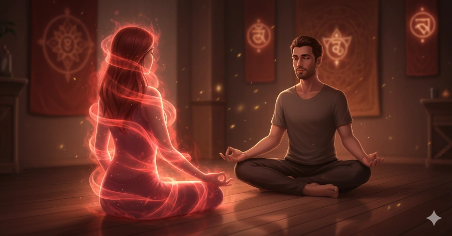 Person practicing aura reading and seeing red energy field glowing around another individual