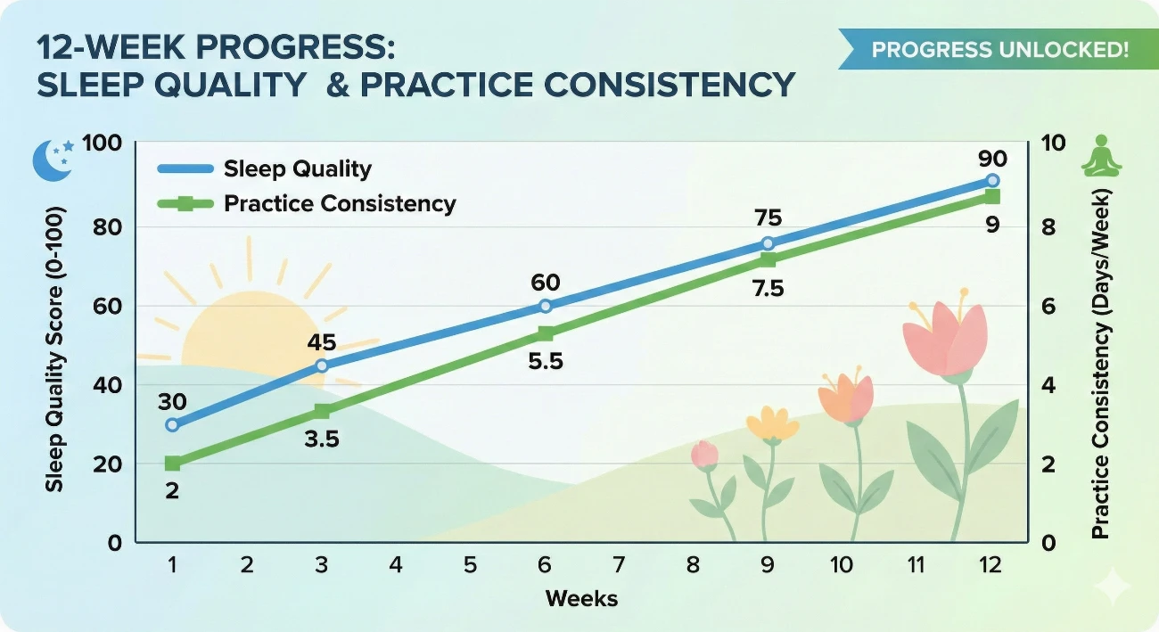 Line graph showing sleep quality improvement over 12 weeks with yoga practice consistency