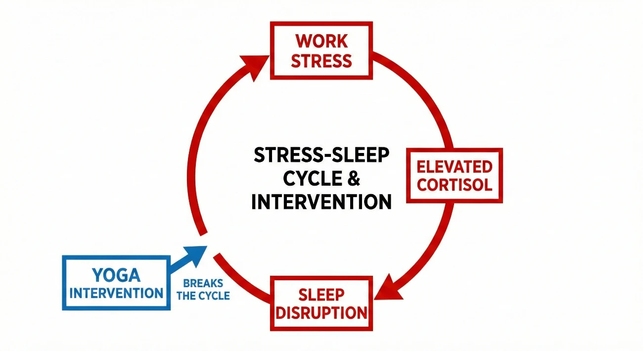 Circular diagram showing how work stress creates cortisol elevation leading to sleep disruption creating more stress