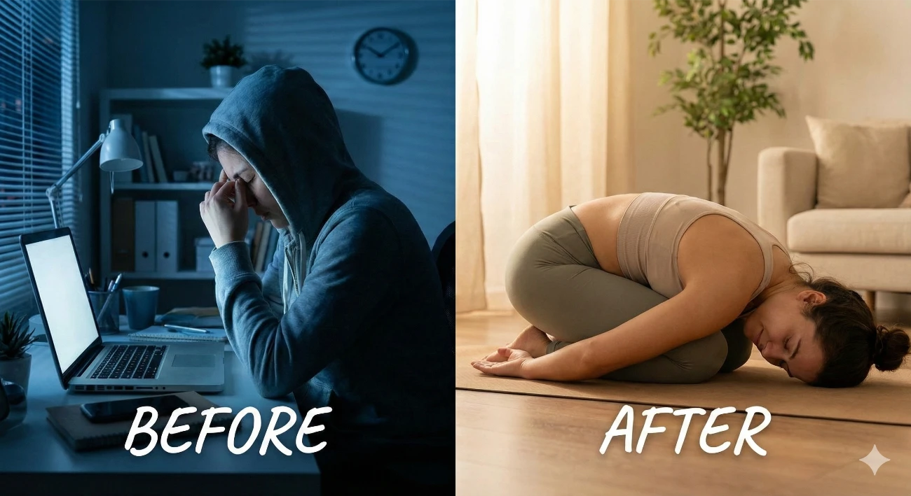 Stressed person at laptop late at night contrasted with peaceful person doing calming yoga pose