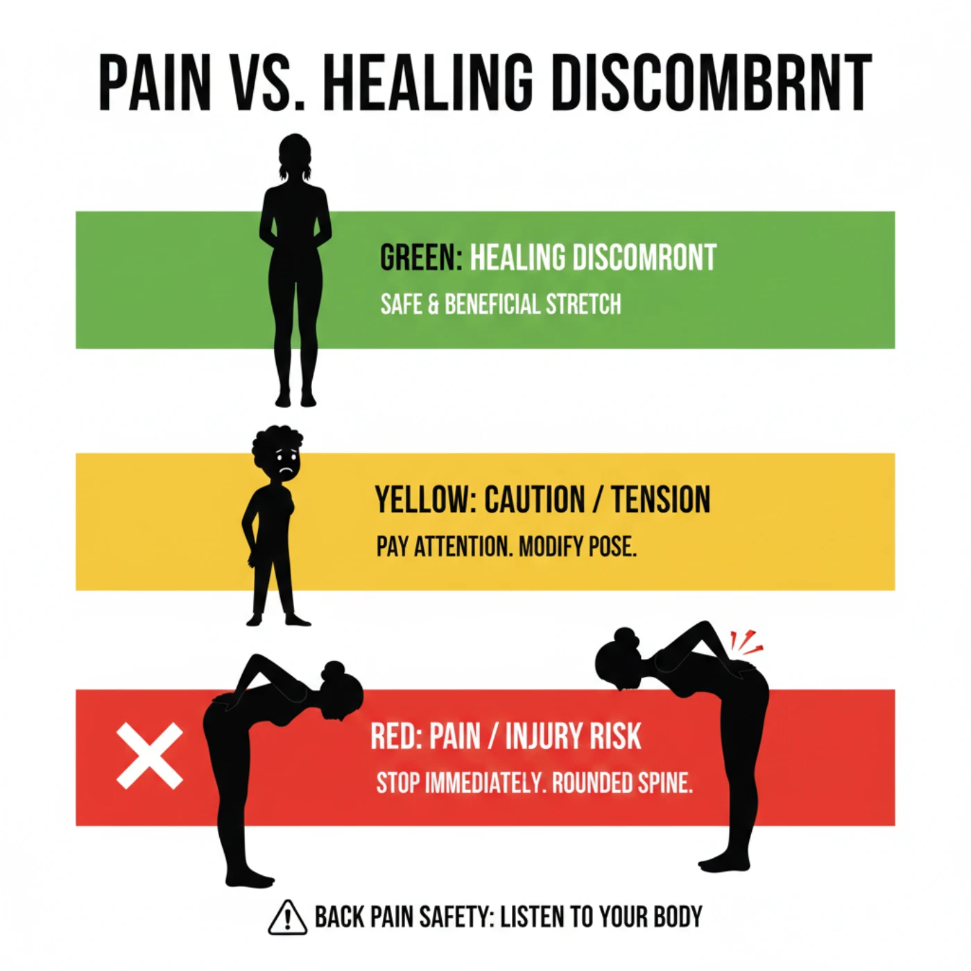 Pain versus healing discomfort in yoga showing traffic light system for safe practice with back pain and sensation guidelines