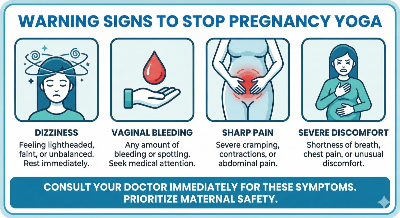 Medical warning signs chart showing when to stop pregnancy yoga practice including bleeding dizziness and severe pain with emergency guidance