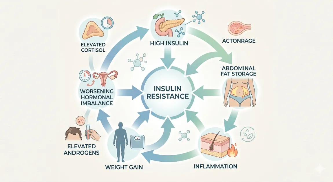 Infographic showing insulin resistance cycle in PCOS leading to weight gain and abdominal fat