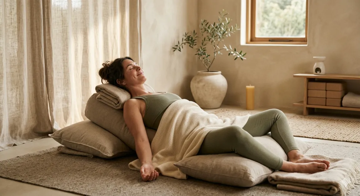 Woman in restorative yoga pose for nervous system recovery and PCOS weight management