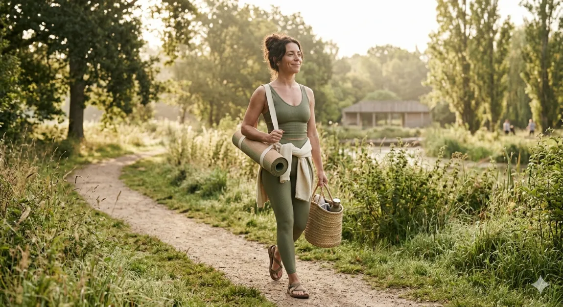 Woman walking outdoors with yoga mat — sustainable movement for PCOS weight management