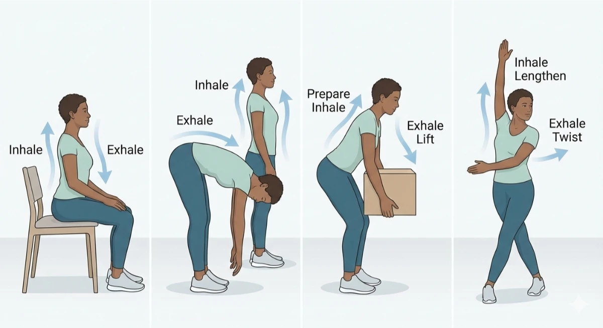 Deep breathing techniques for muscle release showing diaphragmatic breathing, 4-7-8 method, and box breathing for spinal relaxation