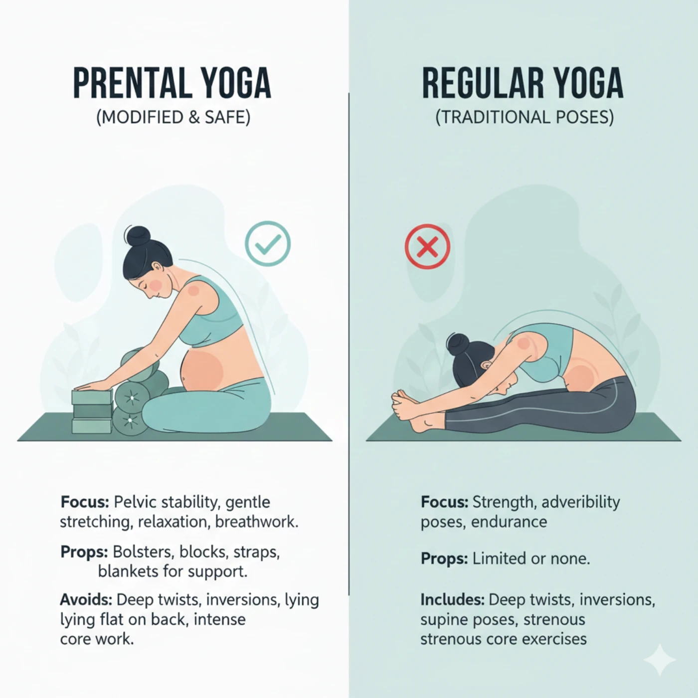 Side by side comparison chart displaying safe pregnancy yoga modifications versus traditional poses with clear visual differences and safety notes