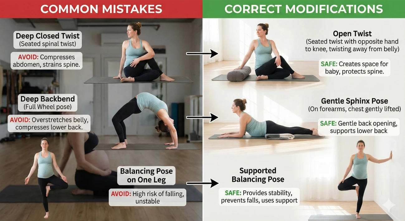 Side by side comparison showing incorrect pregnancy yoga poses with safety risks versus proper modifications demonstrating safe prenatal practice techniques