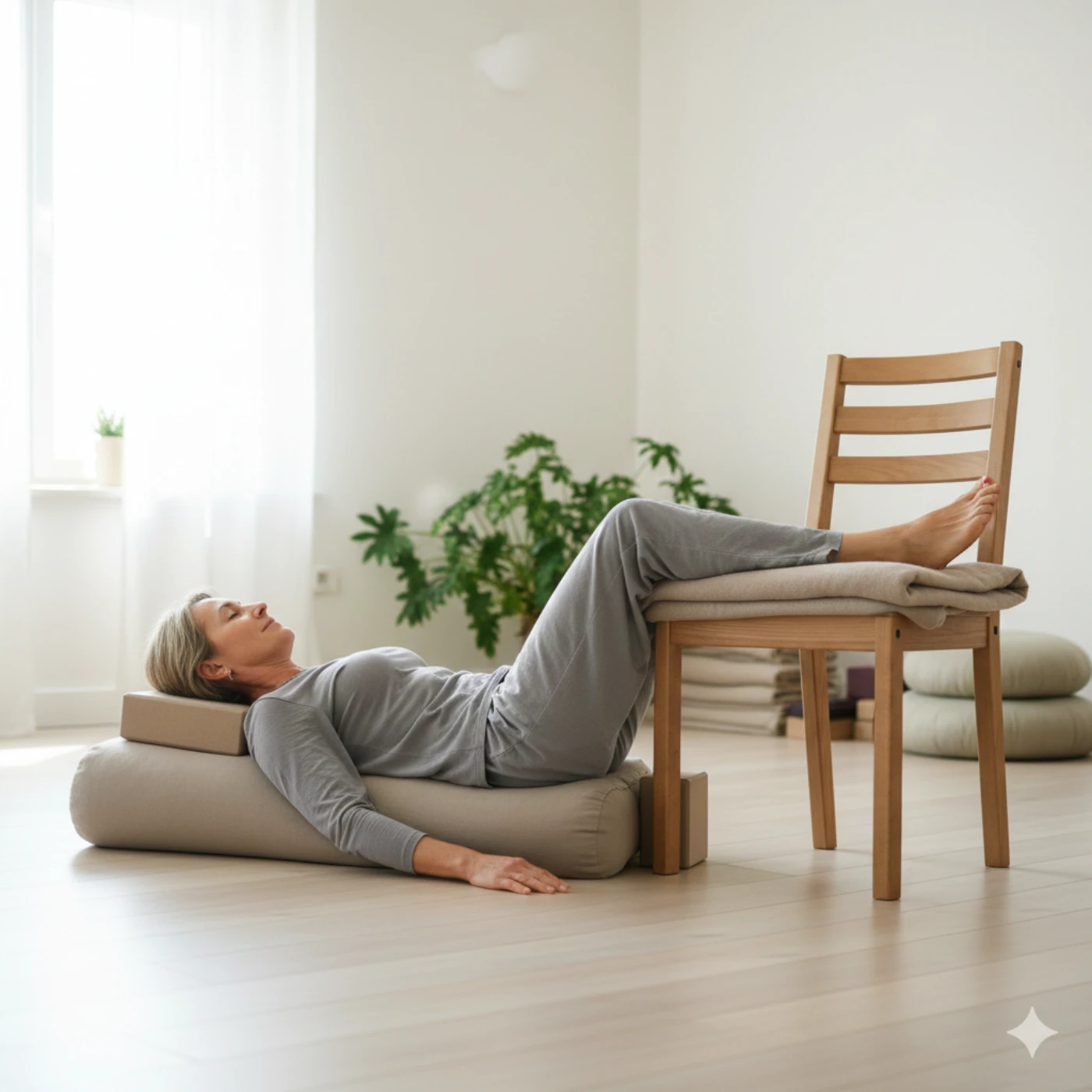 Yoga modifications for severe back pain showing prop-supported poses with blocks, bolsters, and chairs for safe therapeutic practice