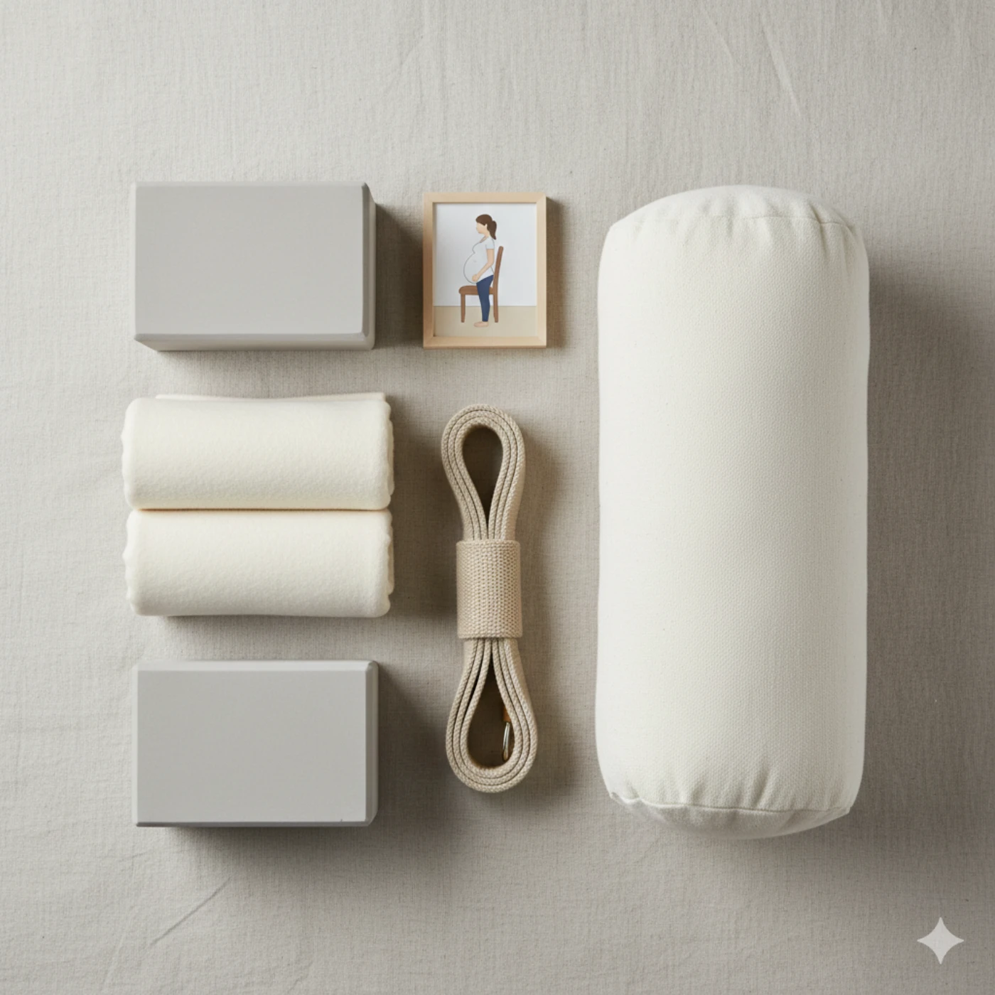 Collection of essential pregnancy yoga props including foam blocks bolsters blankets and wall support for safe prenatal practice modifications