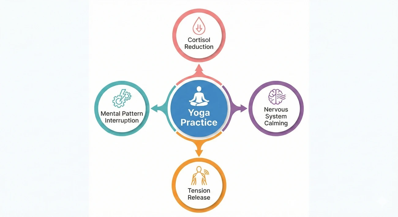 Multi-layered diagram showing how yoga simultaneously affects cortisol breath physical tension and mental patterns
